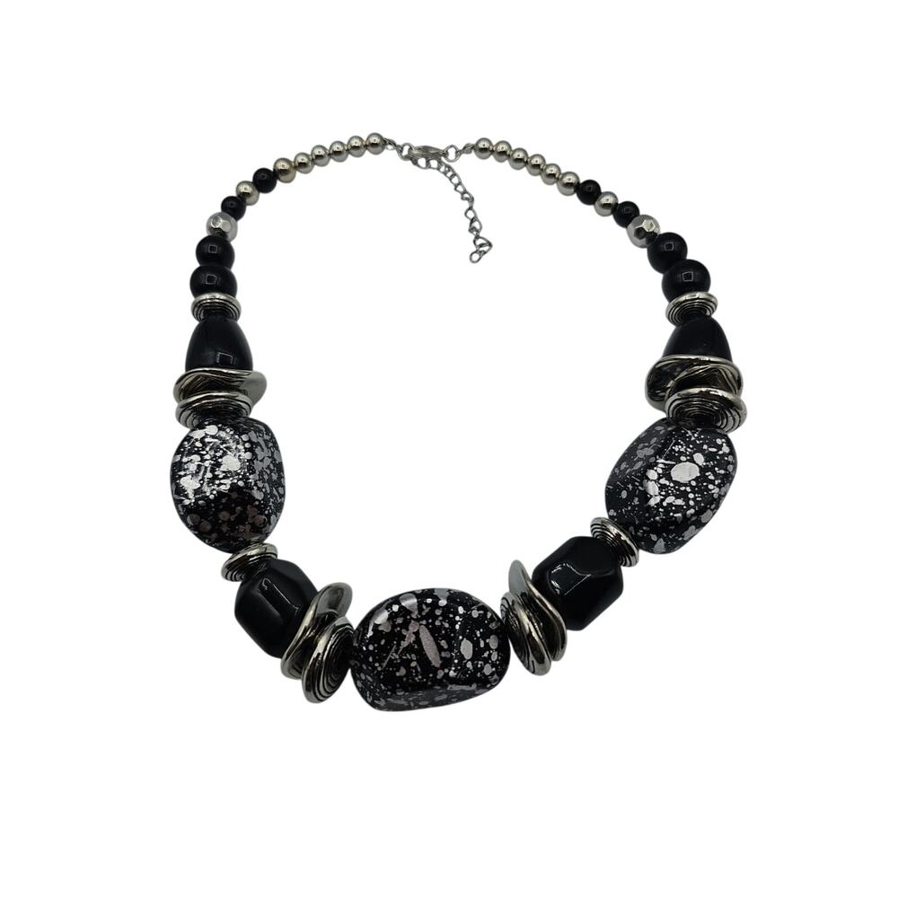 Silvertone Splatter Black Bead Necklace Max Length 18"